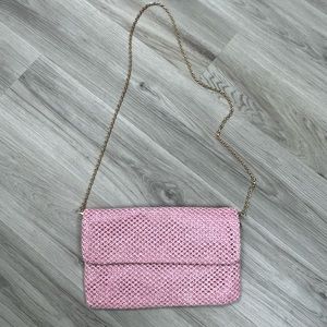 EUC pink crochet material bag with gold strap